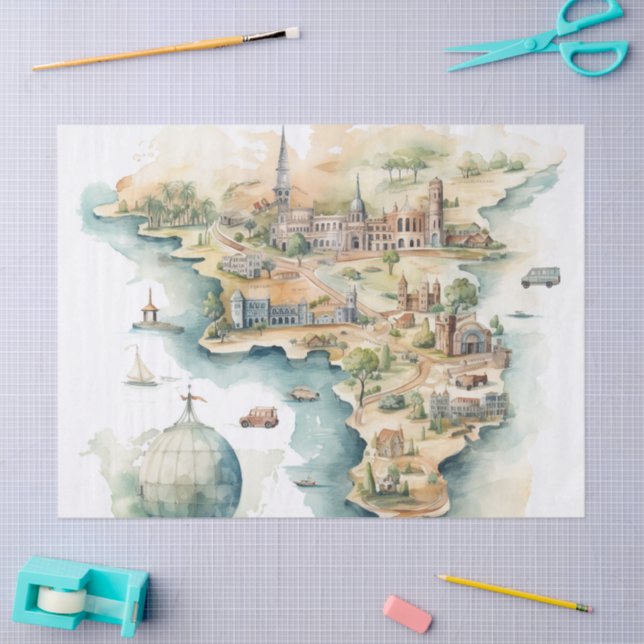 Papel De Seda Watercolor Travel Map (Arte )