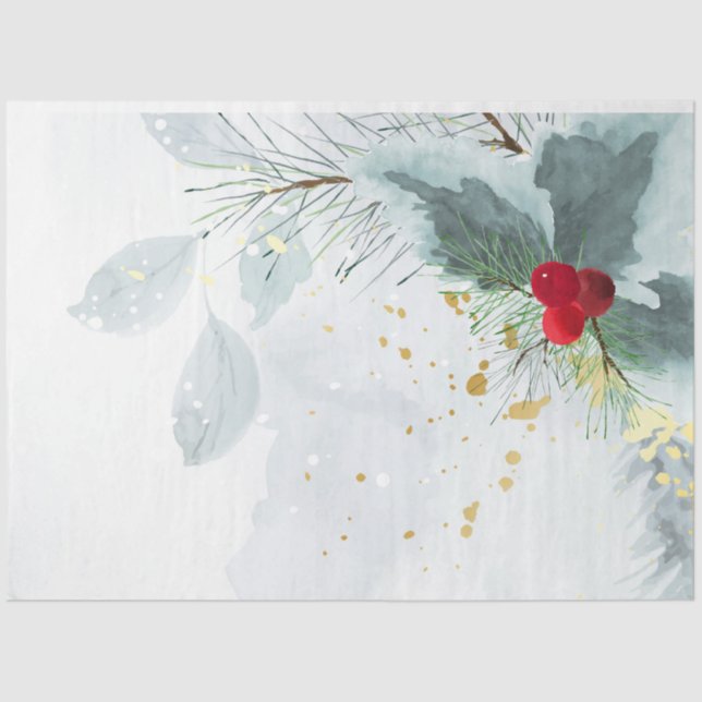Papel De Seda Watercolor Winter Holly Berry Pine Christmas (Frente )