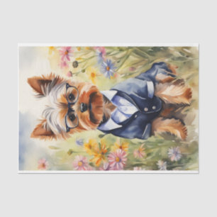Papel De Seda Watercolor Yorkshire Terrier, em flores, Decoupage