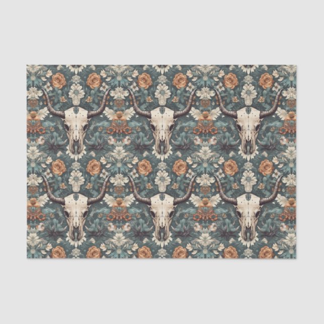 Papel De Seda Western Boho Bull Skull Floral (Frente )