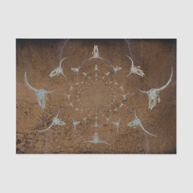Papel De Seda Western Brown Rustic Abstrato Bull Crânio (Frente )