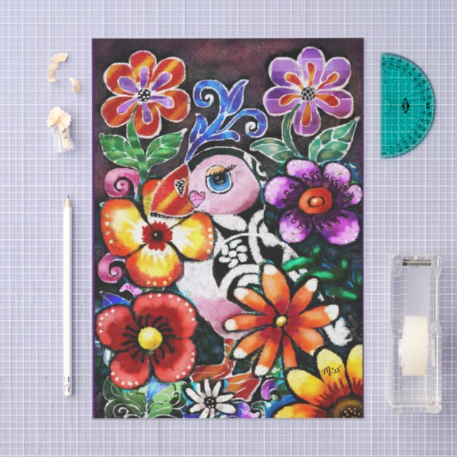 Papel De Seda Whimsical Abstract Puffin Bird In Flowers (Arte )