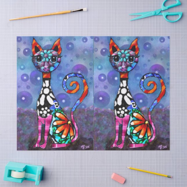 Papel De Seda Whimsical Big-Eyed Funky Kitty Cat Decoupage (Arte )