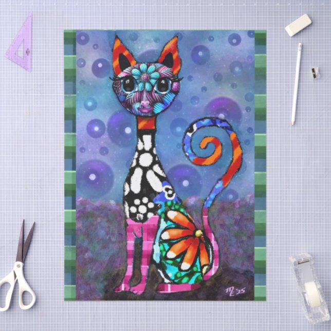 Papel De Seda Whimsical Big-Eyed Funky Kitty Cat Decoupage (Arte )