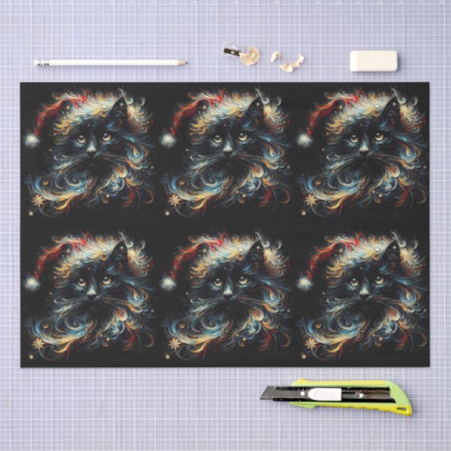 Papel De Seda Whimsical Black Cat Santa Christmas Hat Decoupage (Arte )