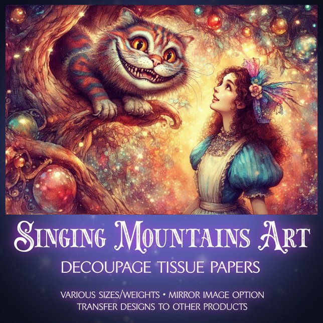 Papel De Seda Whimsical Cheshire Cat In Tree And Alice Decoupage (Criador carregado)