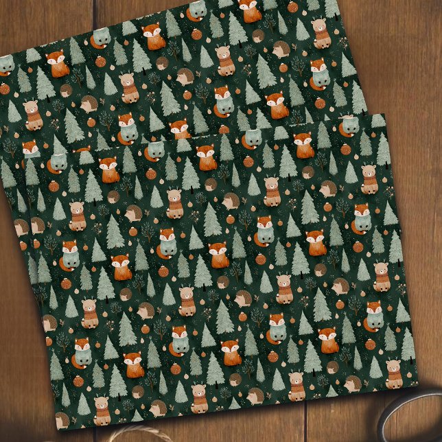 Papel De Seda Whimsical Christmas Tree with Red Fox Dark Green (Criador carregado)
