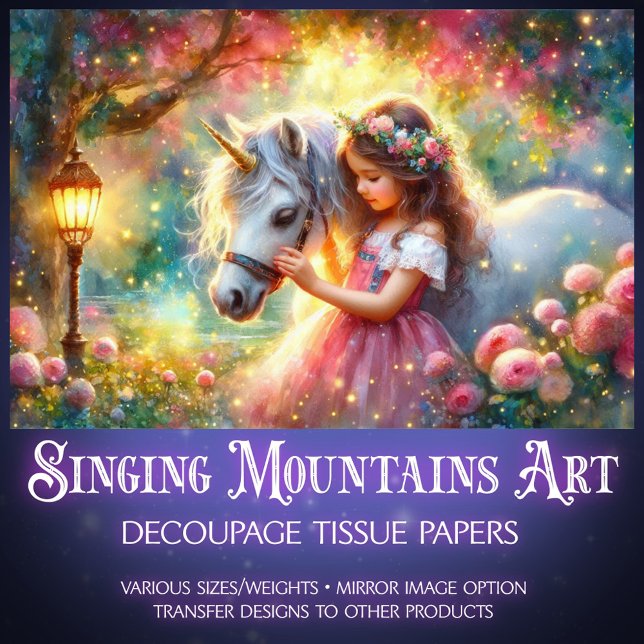 Papel De Seda Whimsical Fantasy Art Unicorn And Girl Decoupage  (Criador carregado)