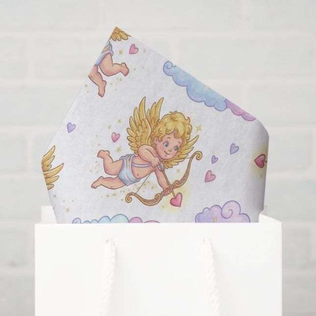 Papel De Seda Whimsical Flying Cupids in Blue Sky Fantasy (Sacola de presentes)