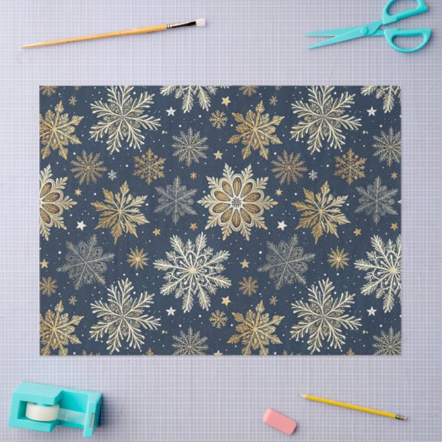 Papel De Seda Whimsical Modern Navy Gold Snowflakes Decoupage (Arte )