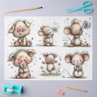 Papel De Seda Whimsical Pig and Mouse in Spring