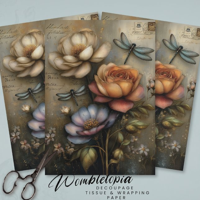 Papel De Seda Whimsical Rose & Dragonfly Ephemera Decoupage  (Criador carregado)
