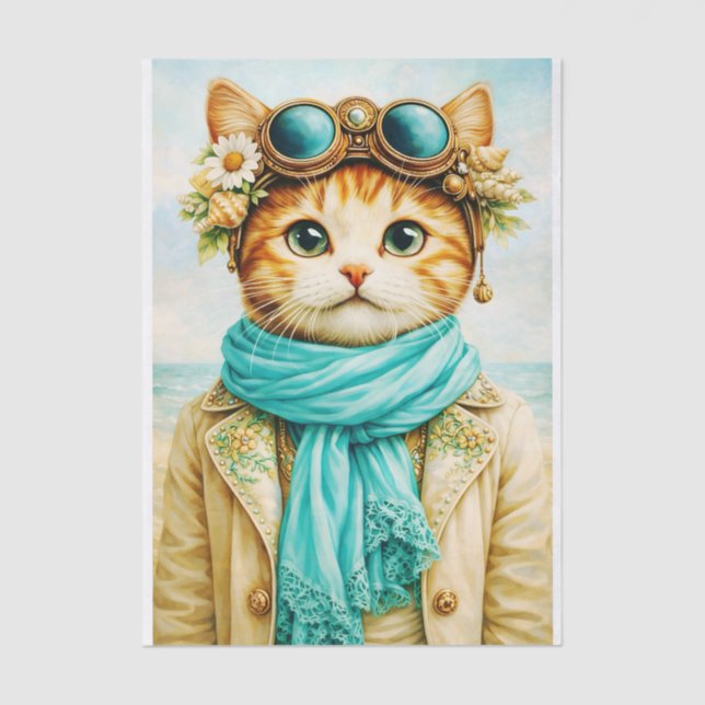 Papel De Seda  Whimsical Seaside Steampunk Cat FE8 Decoupage (Frente )