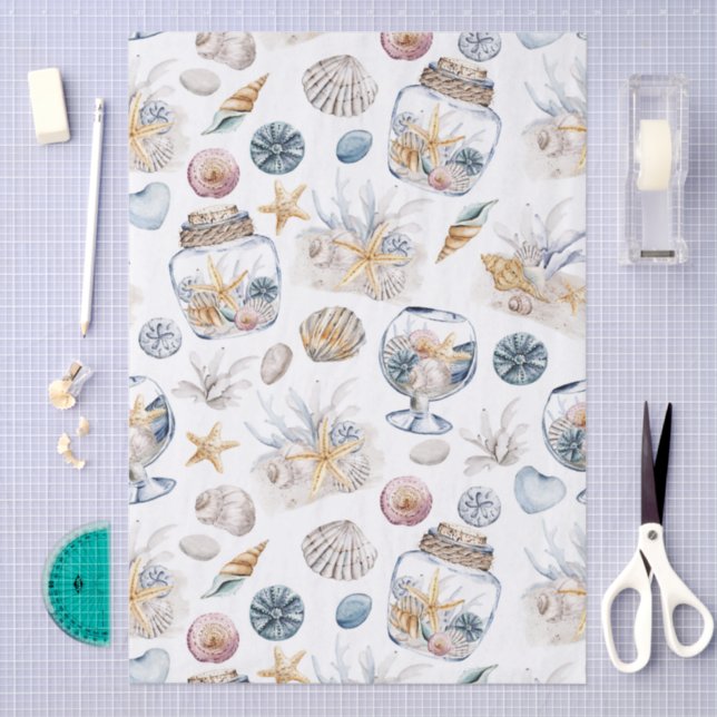 Papel De Seda Whimsical Watercolor Beach Shells Decoupage Paper (Arte )
