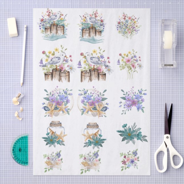 Papel De Seda Whimsical Watercolor Beachy Florals & Shells  (Arte )