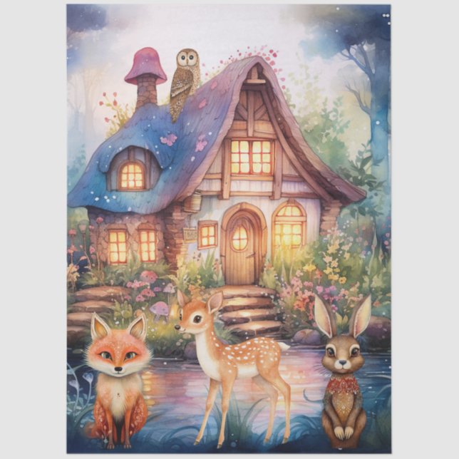 Papel De Seda  Whimsical Woodland Animals &  Cottage  (Frente )