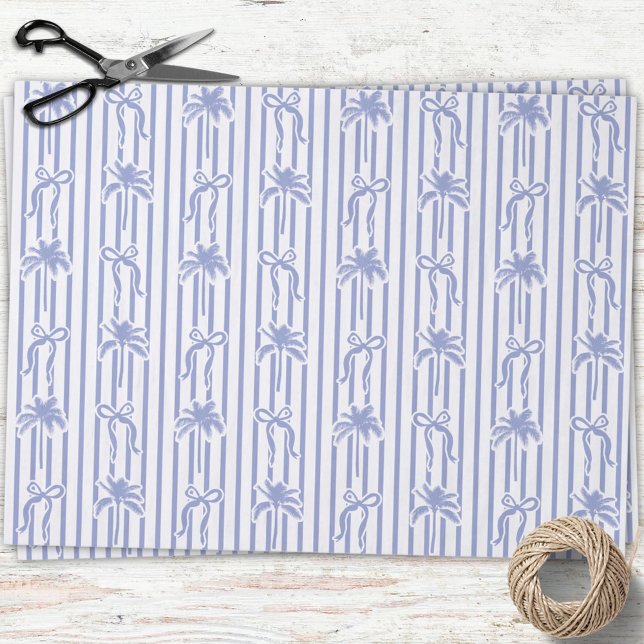 Papel De Seda White Blue Coastal Palm Trees Bows Stripes Pattern (In situ)