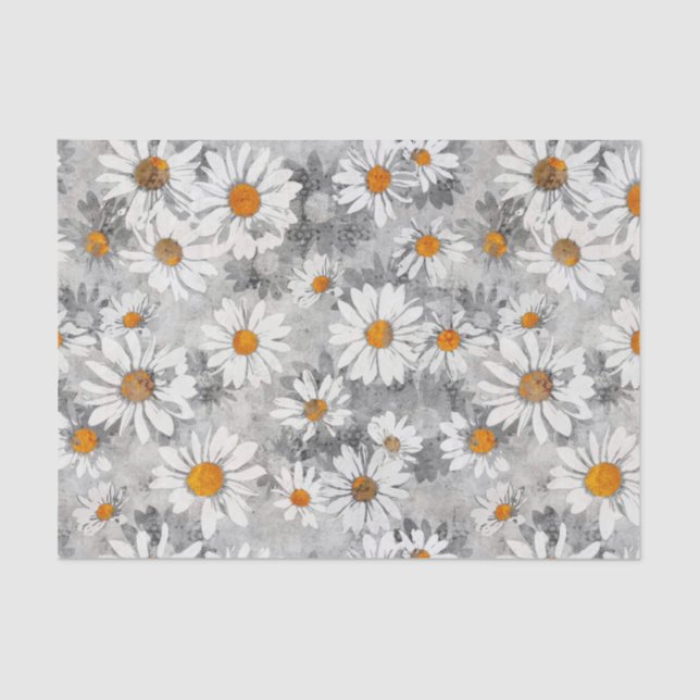 Papel De Seda White Daisies sobre padrão floral prateado (Frente )
