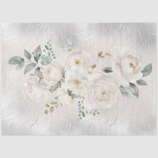 Papel De Seda White Florals on Silver Tone Decoupage  (Frente )