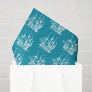 Papel De Seda White on Turquoise Wind Boat Patterno