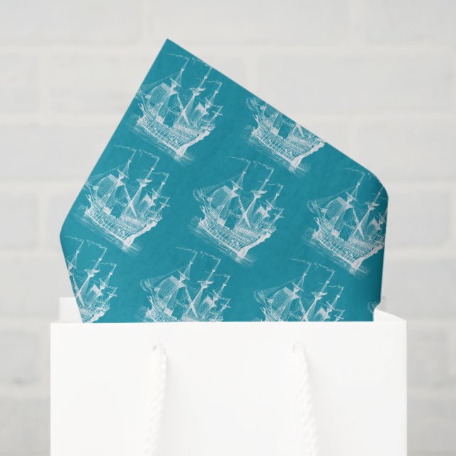 Papel De Seda White on Turquoise Wind Boat Patterno (Sacola de presentes)