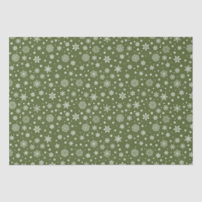Papel De Seda White Winter Snowflake Olive Green (Frente )