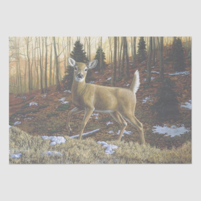 Papel De Seda Whitetail Deer Doe na Floresta de outono (Frente )