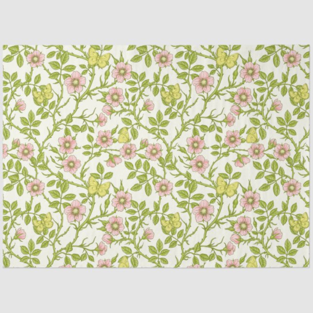 Papel De Seda Wild roses and butterflies /pink/pale green/yellow (Frente )