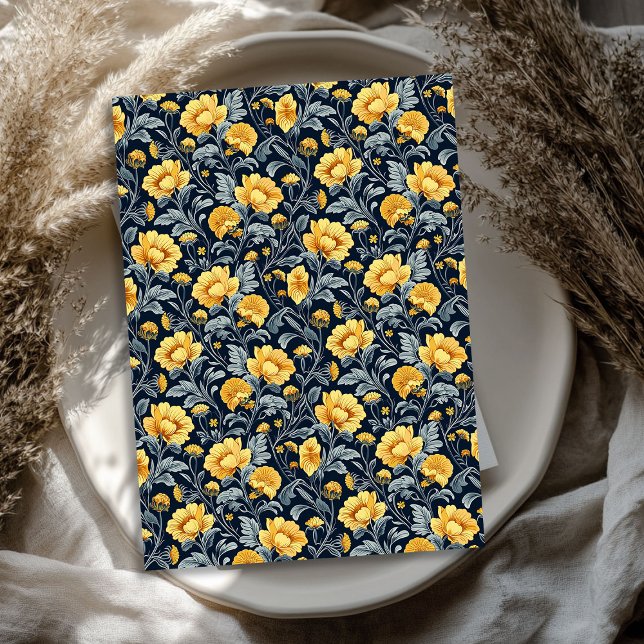 Papel De Seda William Morris inspirou flores amarelas marinho az (William Morris inspired yellow flowers navy blue Tissue Paper)