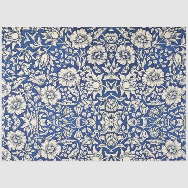 Papel De Seda William Morris Mallow Flowers Floral Azul Branco (Frente )