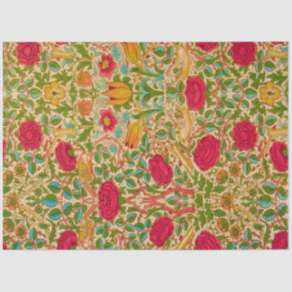 Papel De Seda William Morris Red Dourado Blue Green Birds Floral