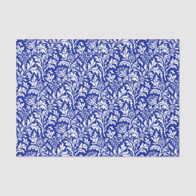 Papel De Seda William Morris Thistle Damask White em Cobalto Azu (Frente )