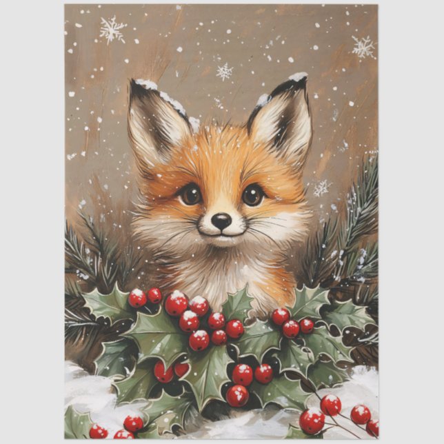 Papel De Seda Winter Fox with Holly and Snowy Pine (Frente )