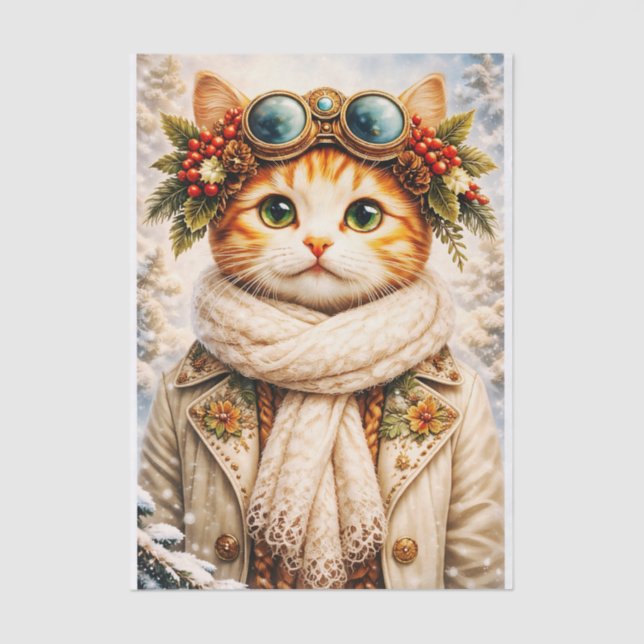Papel De Seda Winter Holiday Steampunk Tabby Cat FF1 Decoupage (Frente )