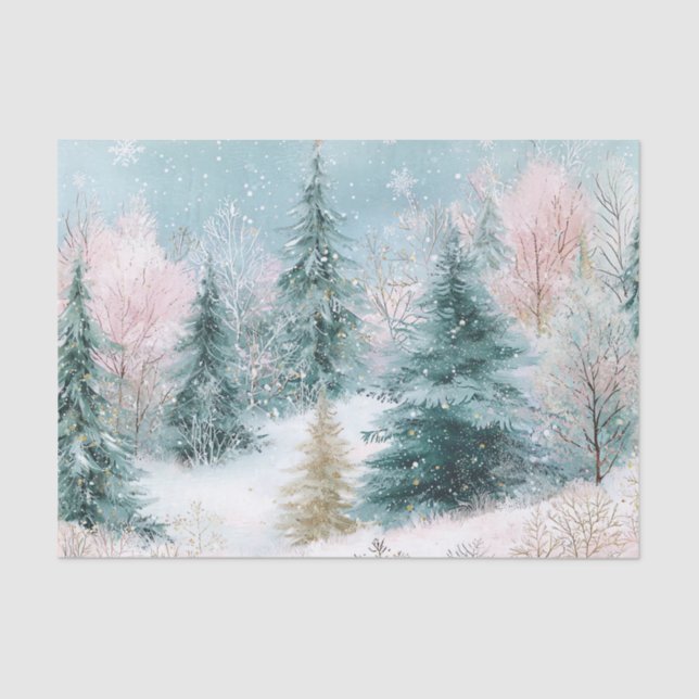 Papel De Seda Winter Pine Tree Landscape Art with Pink & Gold (Frente )