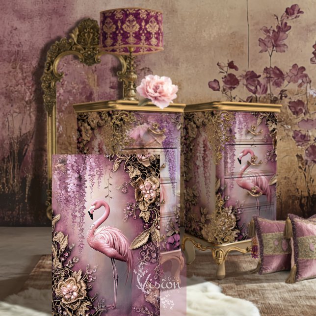 Papel De Seda Wisteria Wonder Flamingo Ethal Floral (Wisteria Wonder, Flamingo Bird and ethereal floral, dusty mauve and lilac, decoupage tissue paper.)