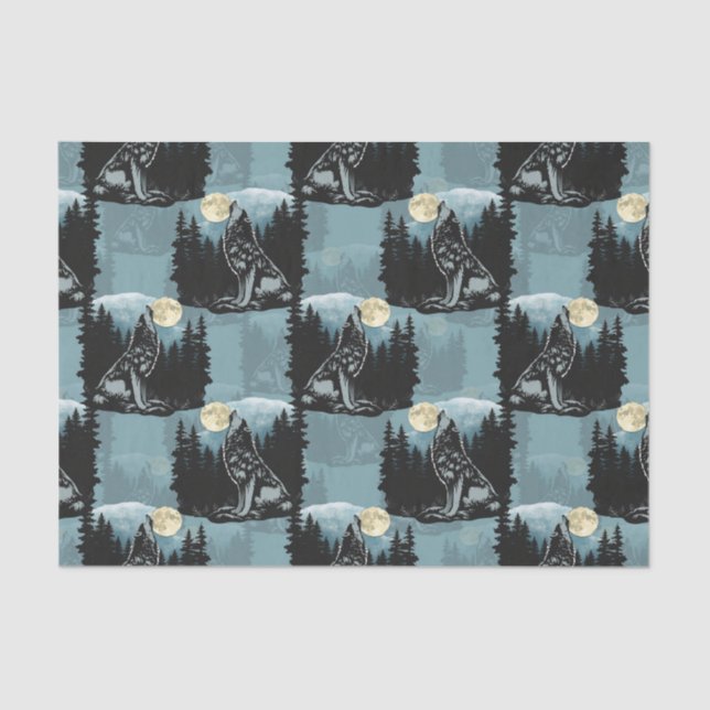 Papel De Seda Wolf Howling Na Moon Pattern Design (Frente )