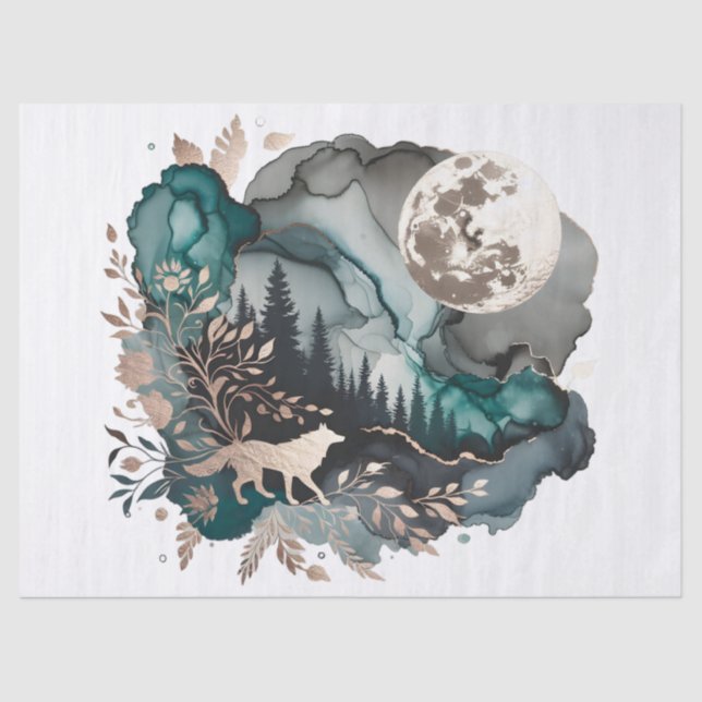 Papel De Seda Wolf Landscape & Moon Teal Dourado (Frente )