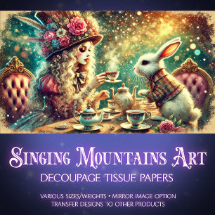 Papel De Seda Wonderland Magic Girl and Rabbit Teatime Decoupage