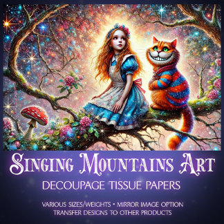 Papel De Seda Wonderland Treetop Alice Cheshire Cat Decoupage