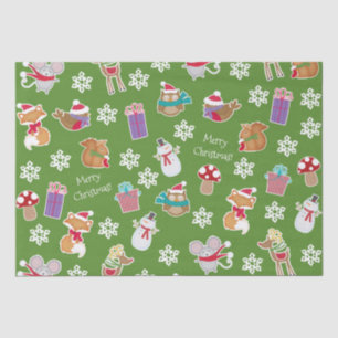 Papel De Seda Woodland Animal Pattern Green Merry Christmas