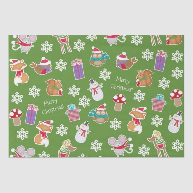 Papel De Seda Woodland Animal Pattern Green Merry Christmas (Frente )