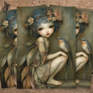 Papel De Seda Woodland Fairy and Wren Portrait Decoupage Art 