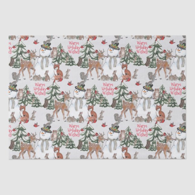 Papel De Seda Woodland Snowman Deer Fox Christmas Wish Cinza (Frente )