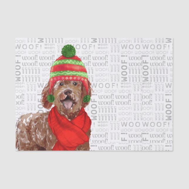 Papel De Seda Woody Word Art e Brown Labradoodle Dog Natal (Frente )