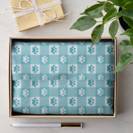 Papel De Seda Xadrez Azul Turquesa Fofo com Pegadas de Pata