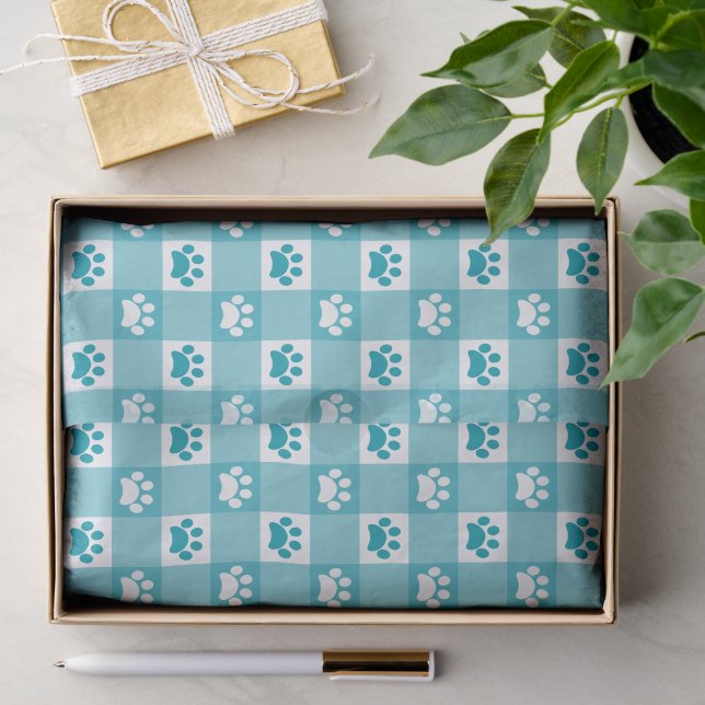 Papel De Seda Xadrez Azul Turquesa Fofo com Pegadas de Pata (Presente)