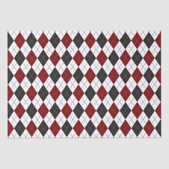 Papel De Seda xadrez de argyle branco preto vermelho (Frente )