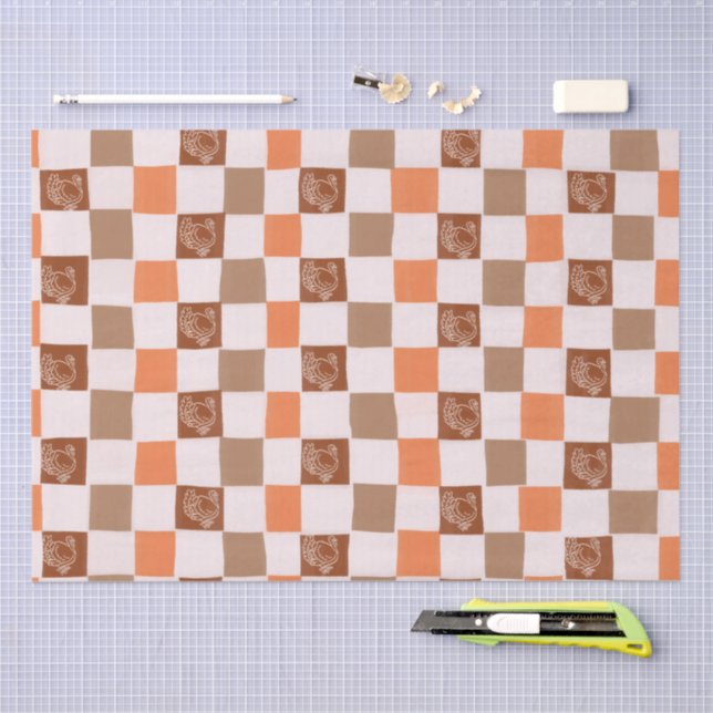 Papel De Seda Xadrez de peru laranja e marrom retrô (Arte )