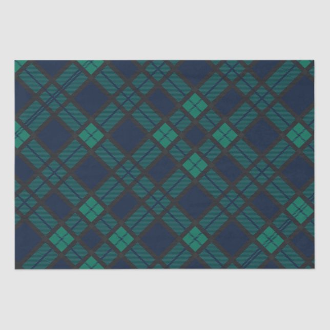 Papel De Seda Xadrez de Tartan preto azul clássico verde (Frente )